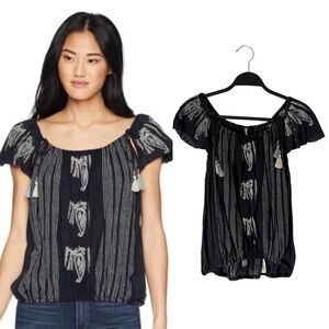 Free‎ People 100% Cotton Pukka Peasant Top Navy Blue Embroidered Boho Small S